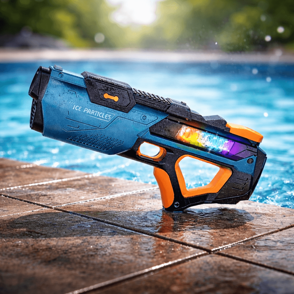 Blå elektrisk vandpistol med sprøjtende vand, perfekt til sjove sommeraktiviteter for børn og voksne.