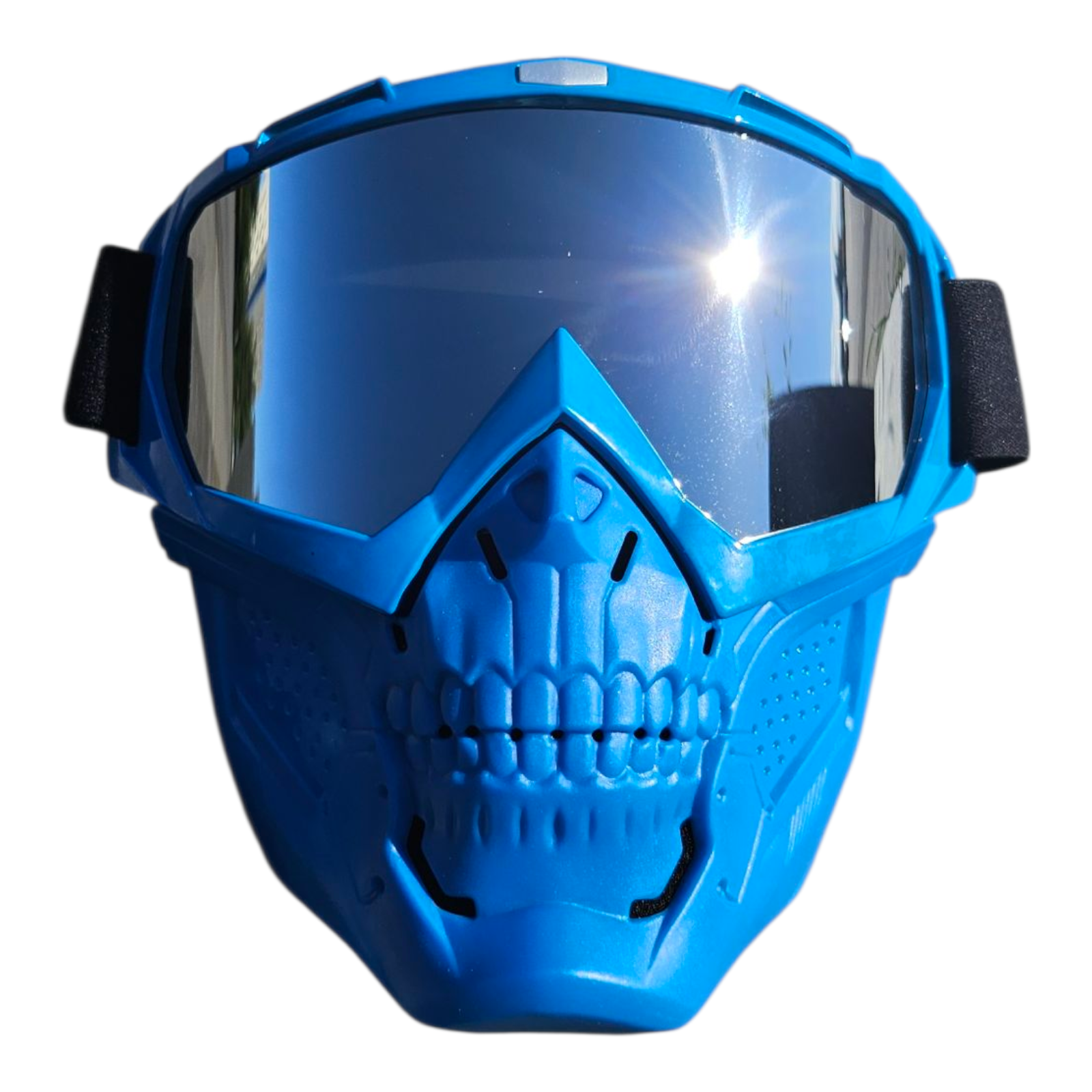 Black skull mask with colorful goggles, ideal for gelblaster games and themed parties.