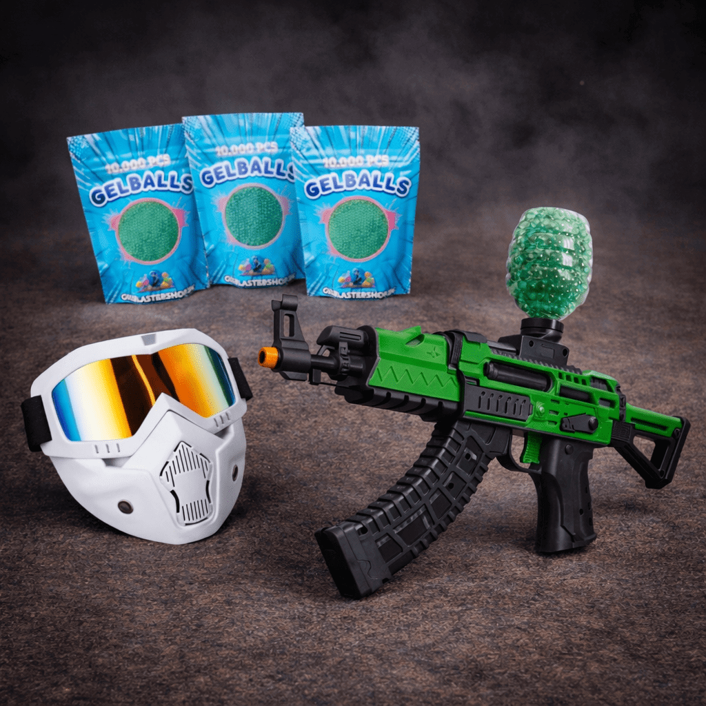 Gel Blaster Bundles med grøn blaster, sikkerhedsmask, og pakker med gelbolde.