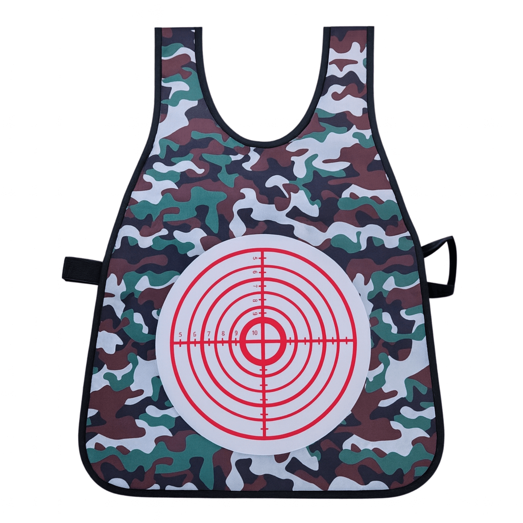 Camouflage gelblaster target vest featuring a red target design for improved accuracy during games.