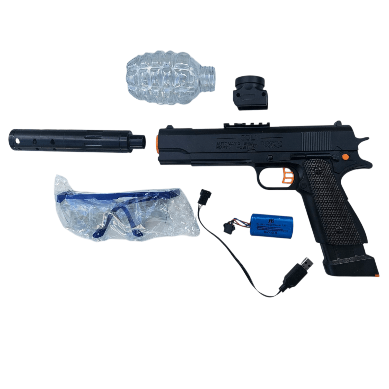 1911 Model Gel Blaster Sort Edition with accessories including a water bottle and safety goggles.