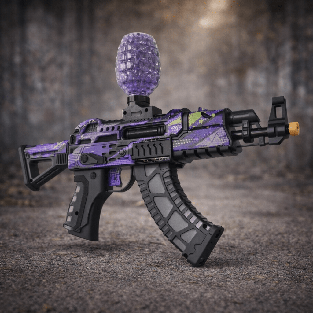AK Shark Gel Blaster Purple Camouflage Edition in a detailed close-up shot.