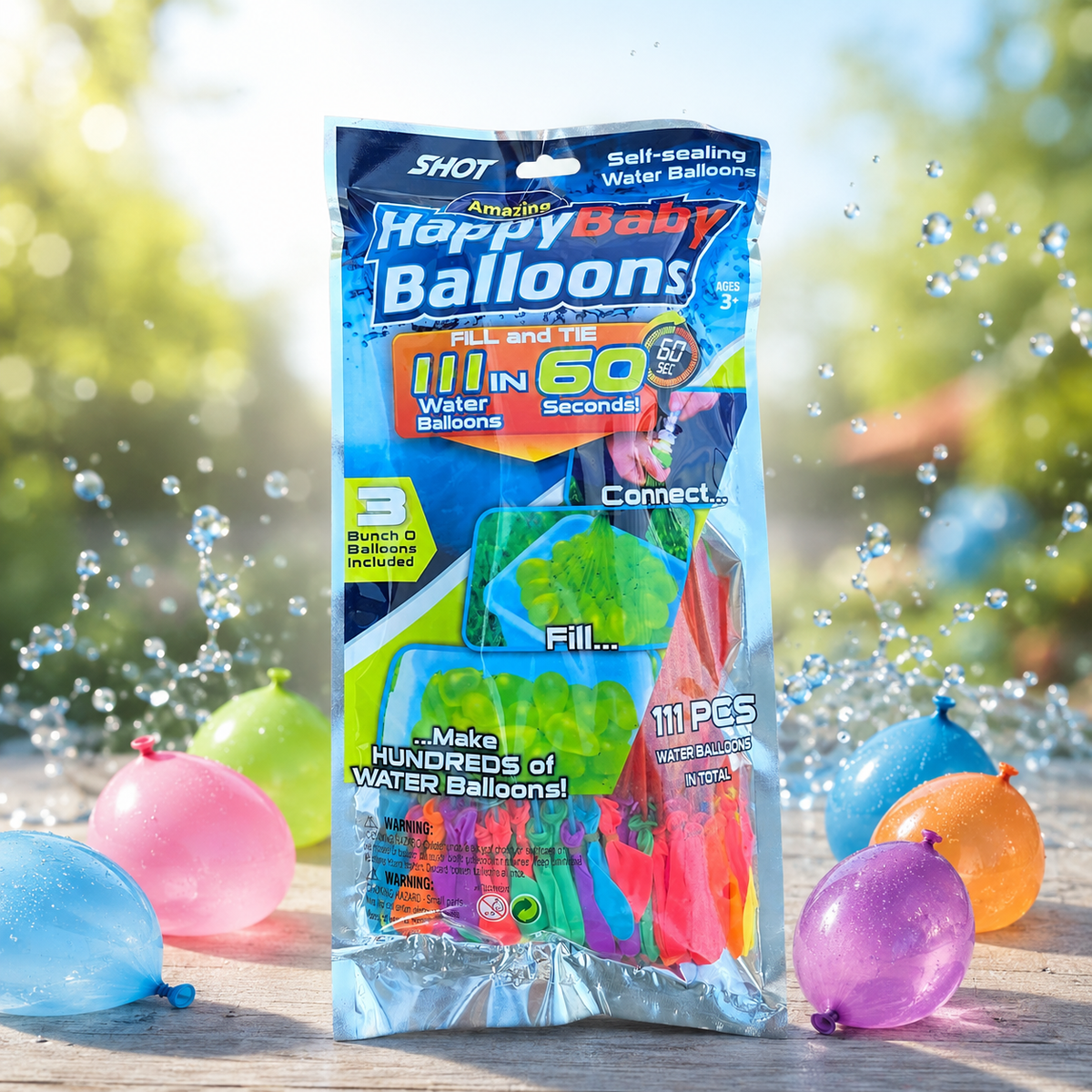 Amazing HappyBaby Balloons – Selvlukkende Vandballoner (111 stk.) – tilbehør til gel blaster og udendørs aktiviteter