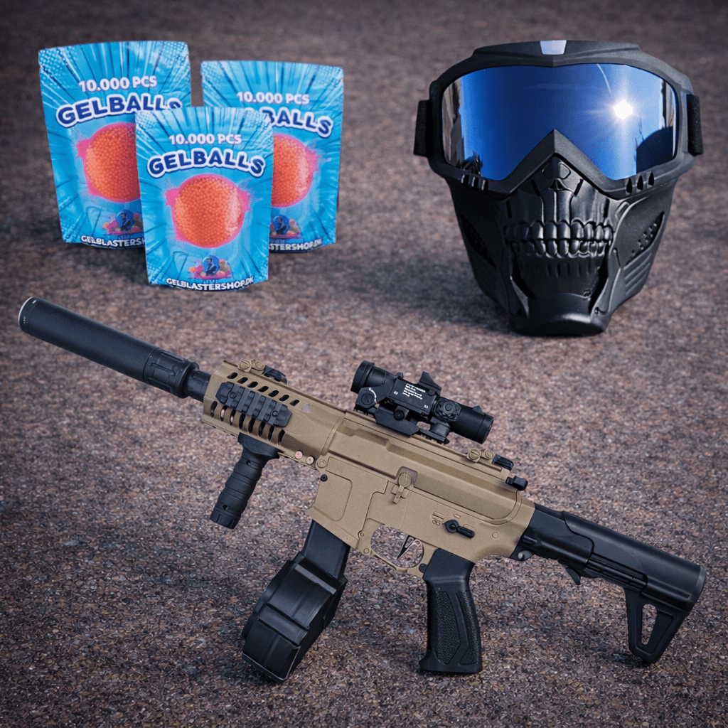 Desert Commando Gel Blaster Pack with gel balls, tactical Blaster, and protective mask for ultimate battle experience.