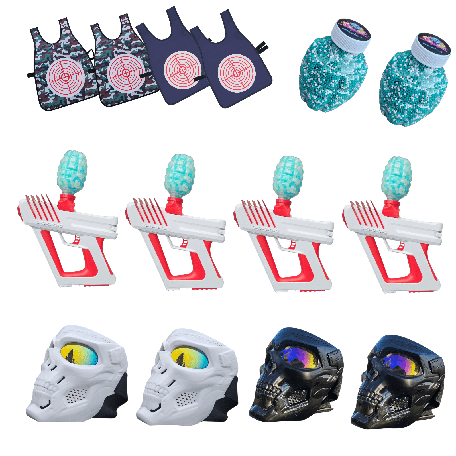 Familie Start Bundle kit with gel blasters, vests, gel beads, and skull masks for action-packed fun.