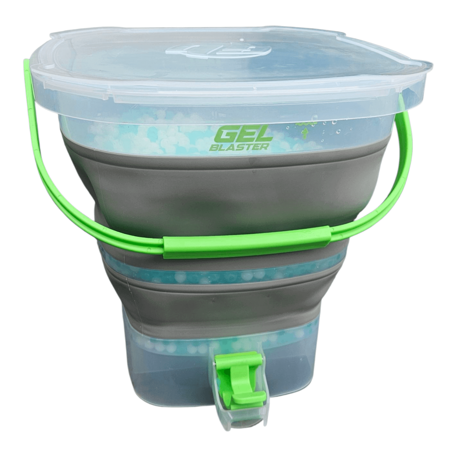 "Gel Blaster opbevaringsspand med tap til nem dræning og kapacitet til 10.000 gel kugler."