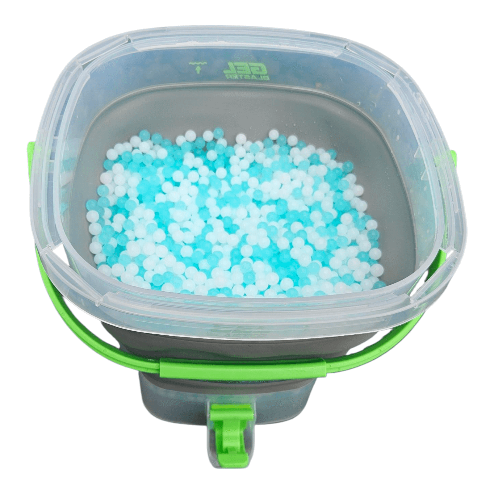 Gel Blaster Kugle Kurv med tap-hane, opbevaringskurv til gel kugler i blå og hvid farve.