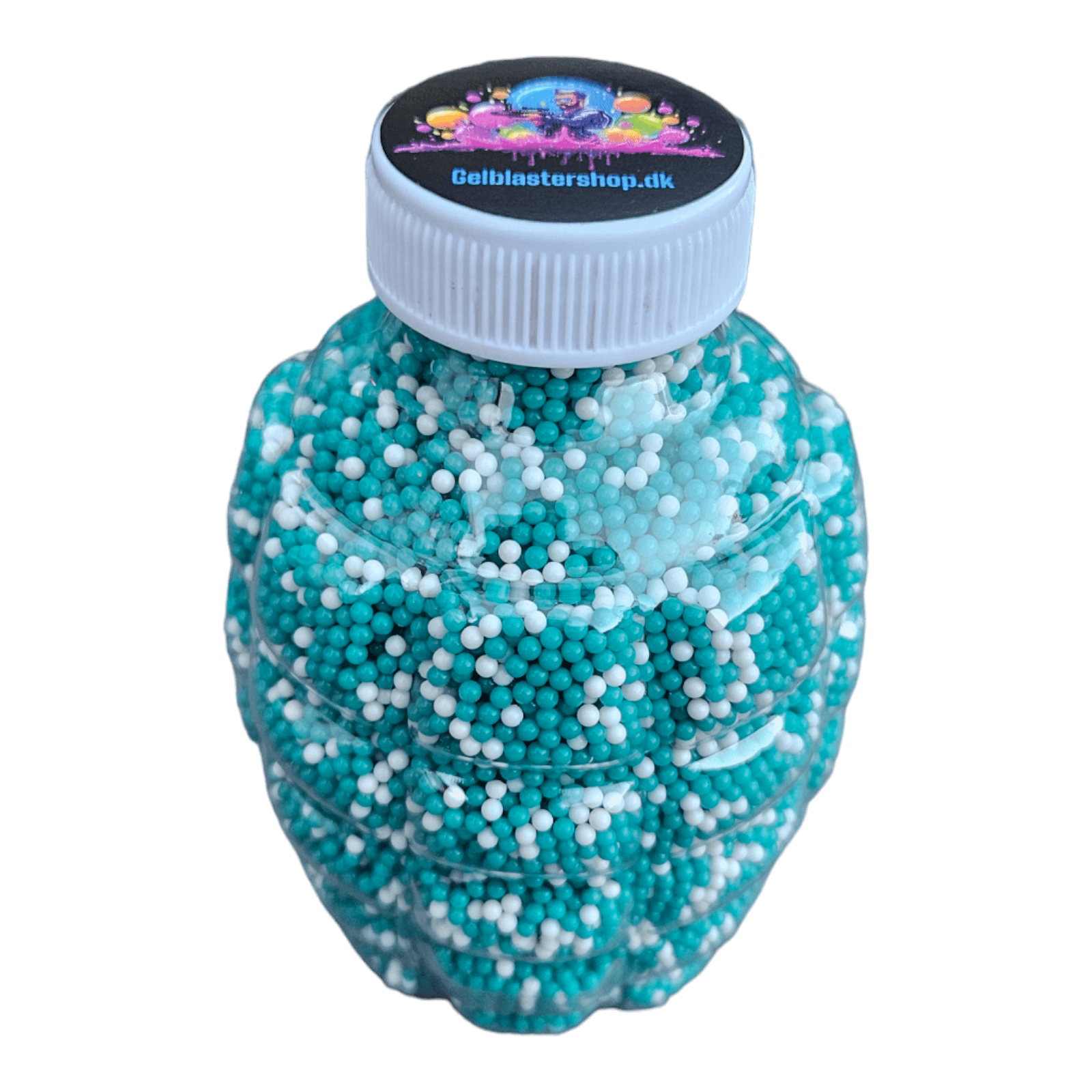 Gel Blaster kugler CyanWhite i plastflaske med 45.000 stk til gelball-kampe.