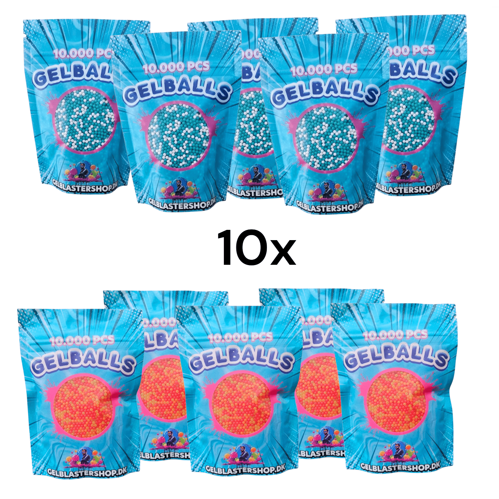 Gelblaster Kugler Mega Pack Mix med 10 pakker á 10.000 gelkugler i forskellige farver.