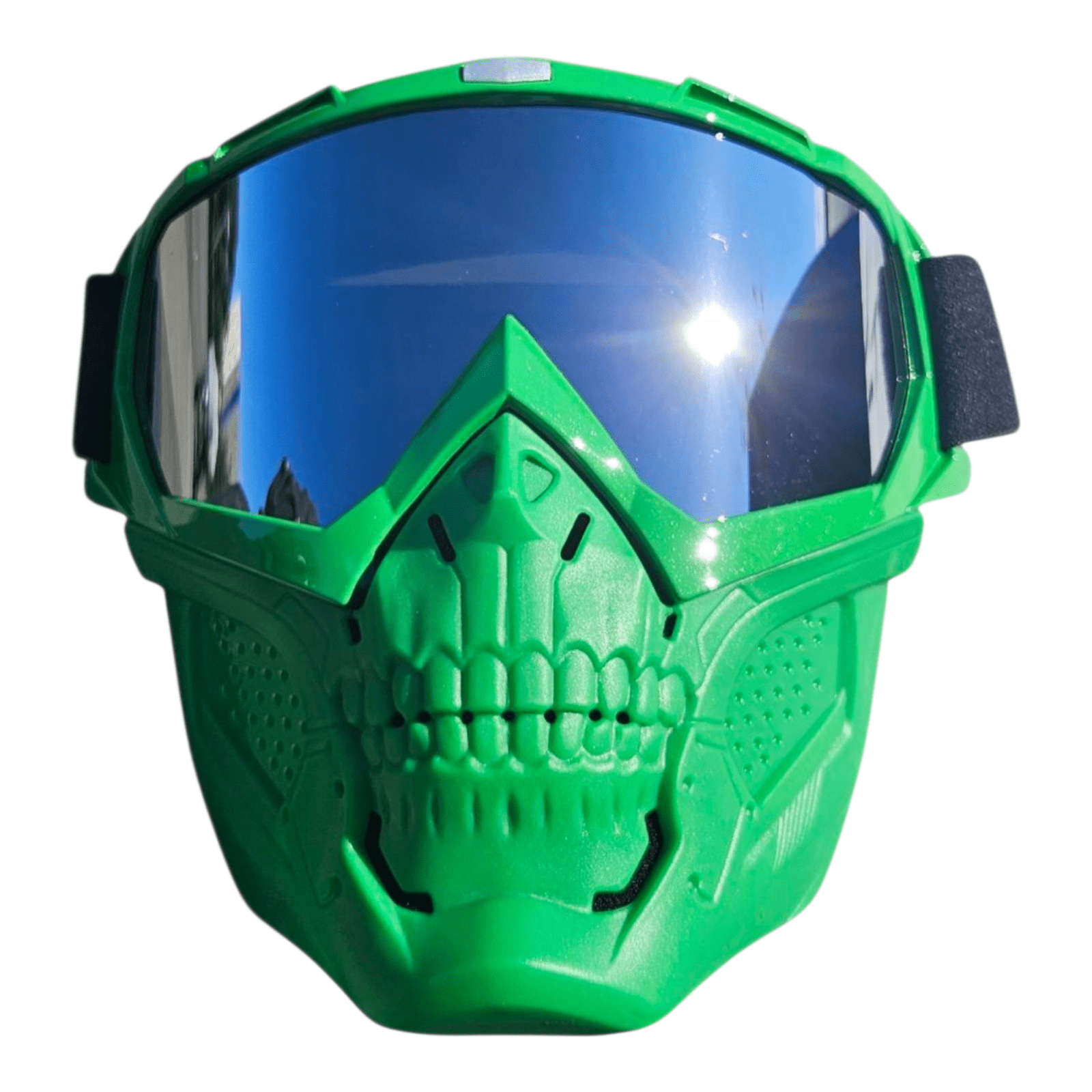 Green Skelet Silver Goggles Mask with a striking green skull design and reflective silver goggles.