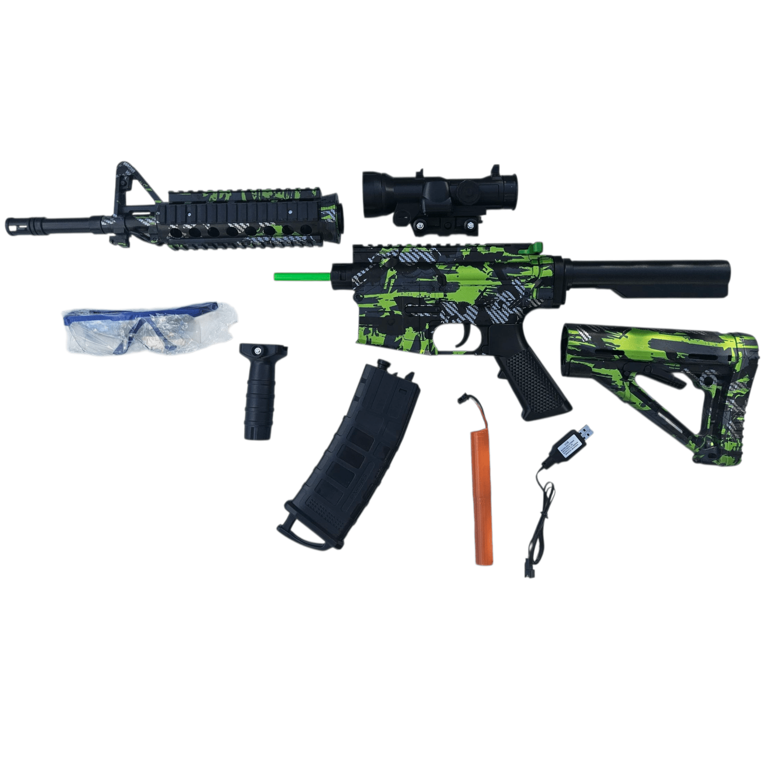 Green Vortex X4 Gel Blaster – Green Edition featuring accessories like goggles and extra battery, perfect for gel blaster enthusiasts.