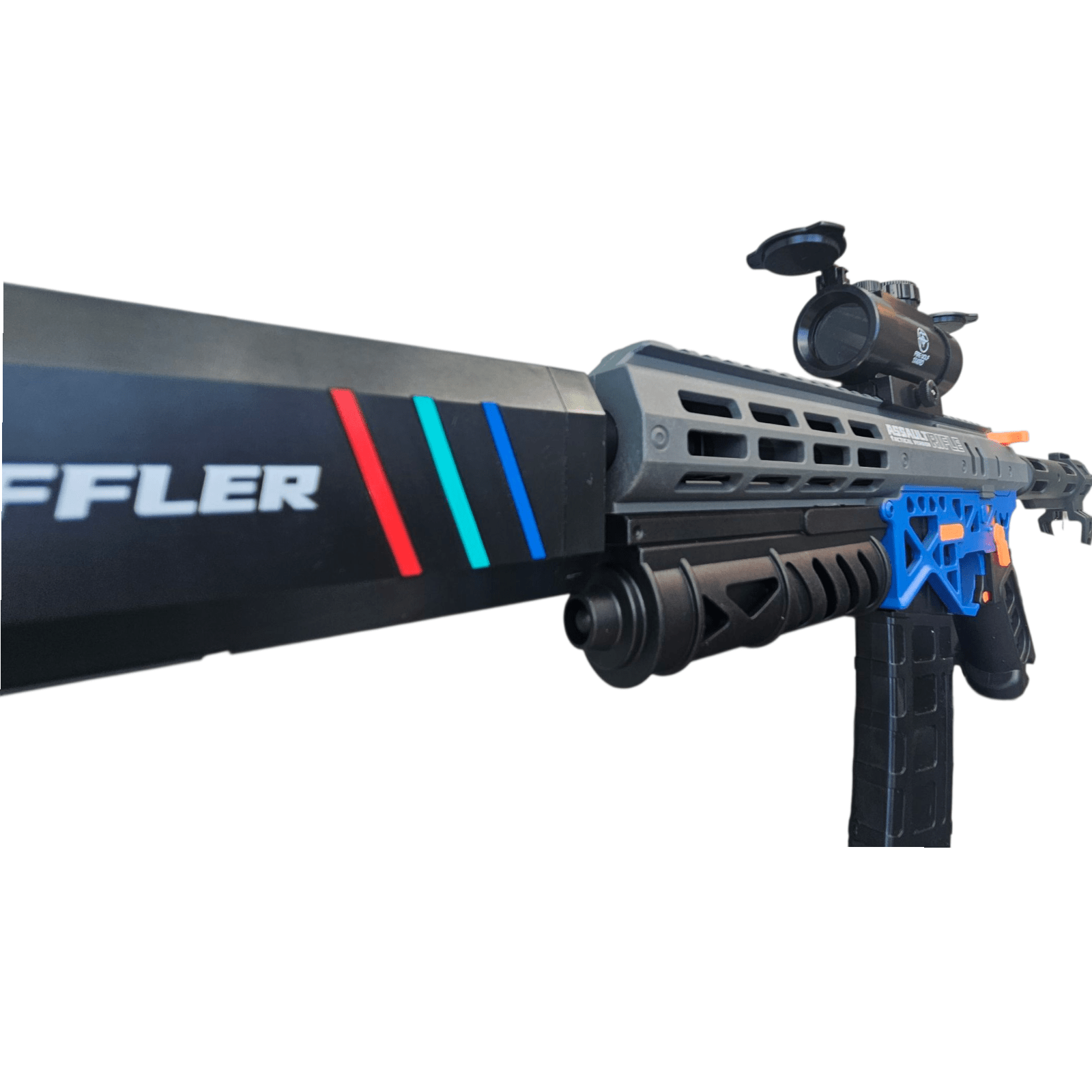 MK-6 Luminous Blue Gel Blaster close-up with futuristic design and accessory features.