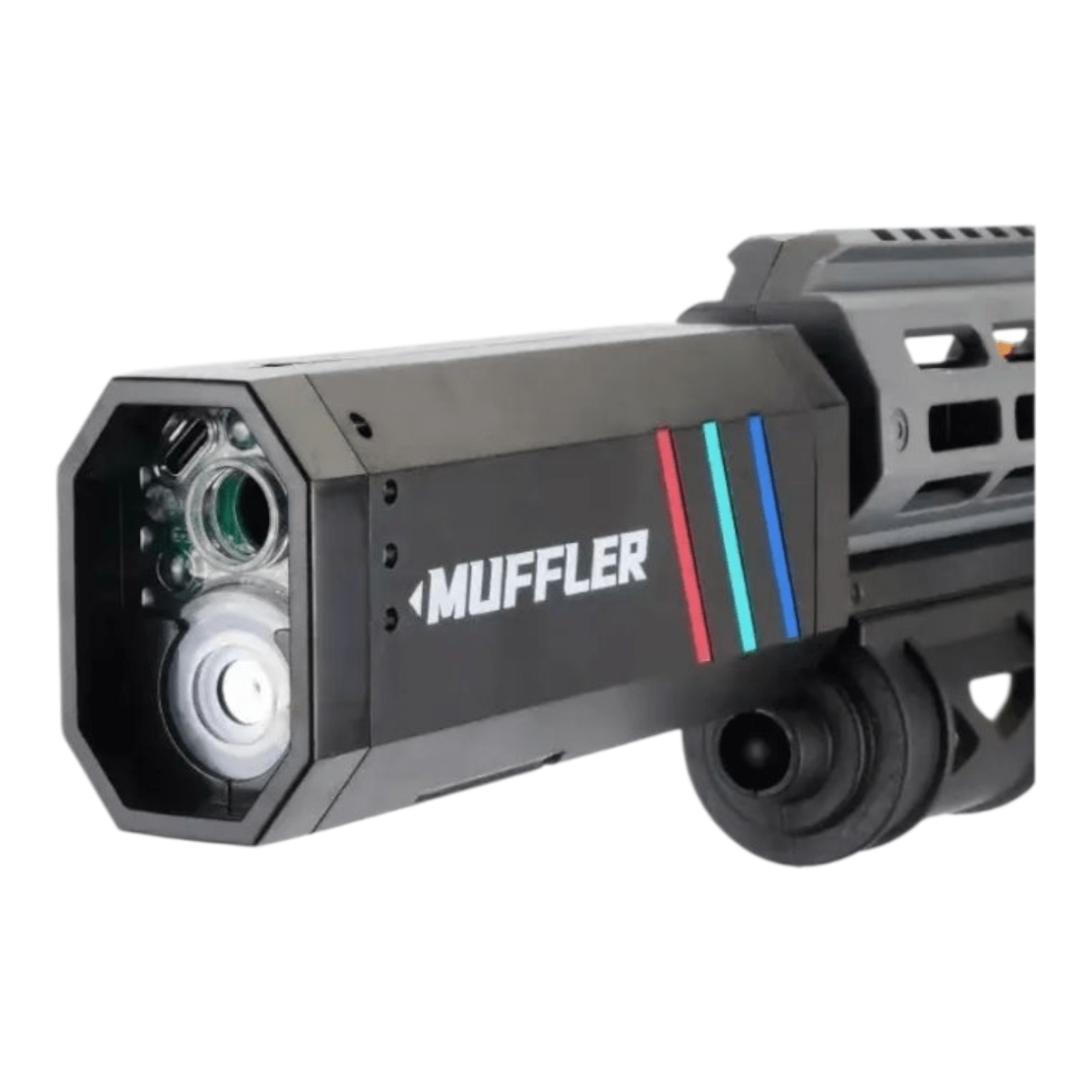 MK-6 Luminous Blue Gel Blaster muffler showcasing high-tech features and design.