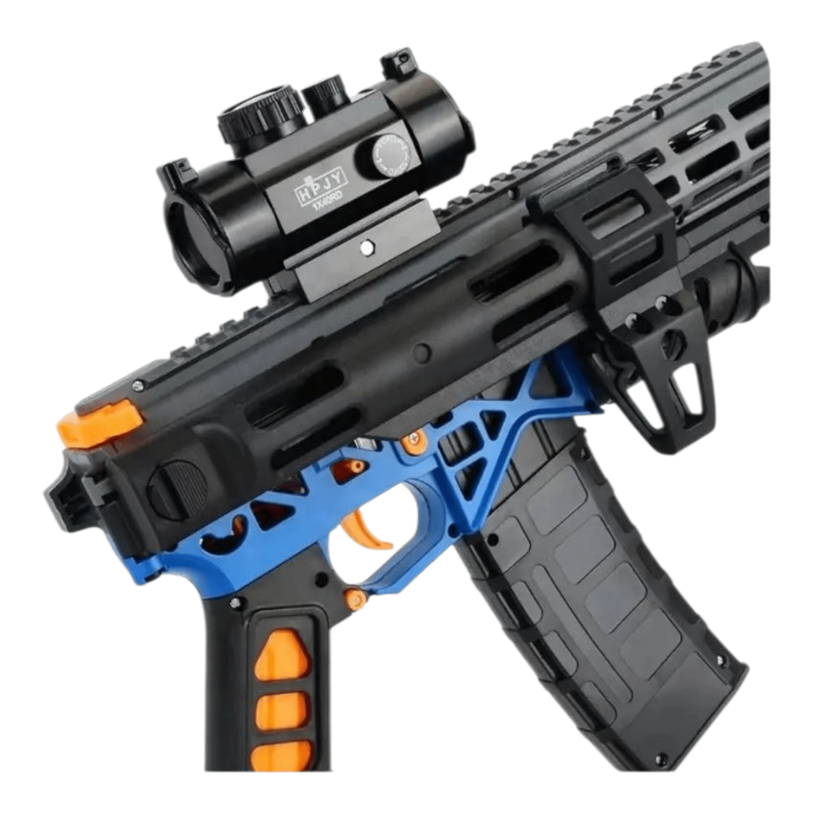 MK-6 Luminous Blue Gel Blaster with scope and ergonomic grip for outdoor fun