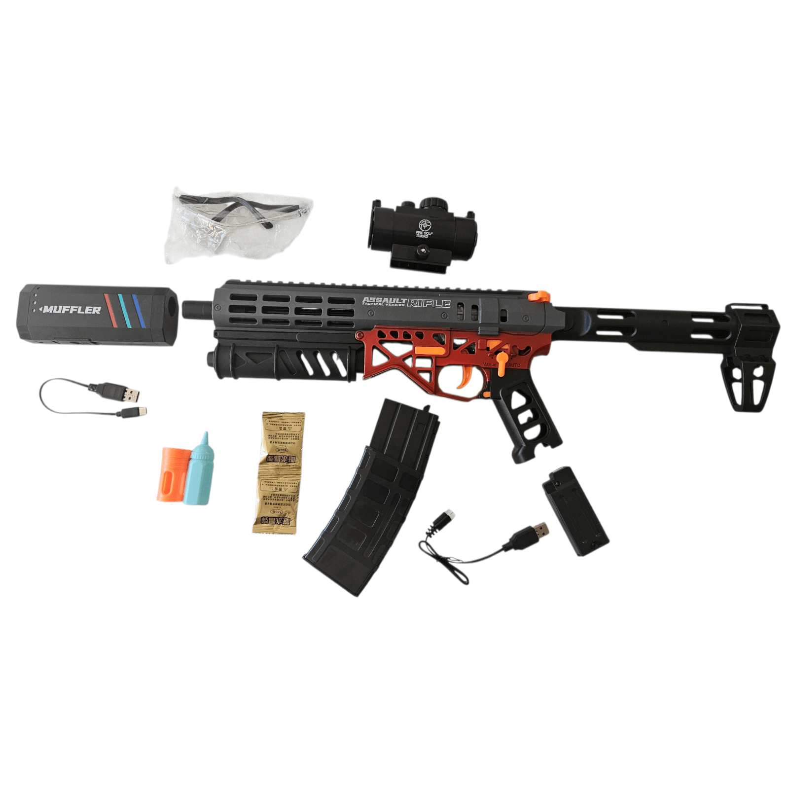 MK6 Luminous Red Heat Gel Blaster set with accessories including silencer, battery, and gel ammo.