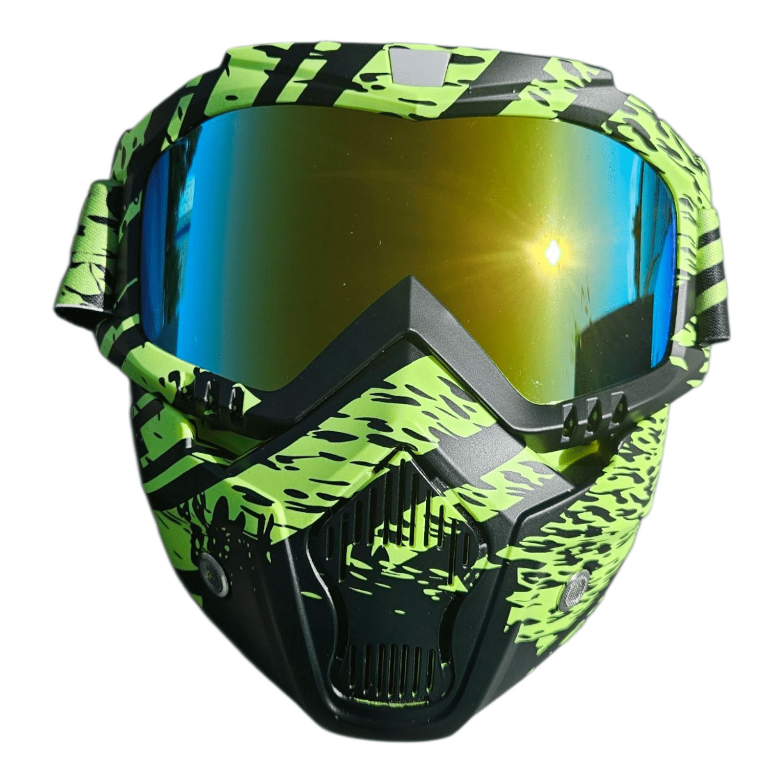 Neon Black Golden Goggle - Maske med gyldne goggles i iøjnefaldende neon grøn og sort design.