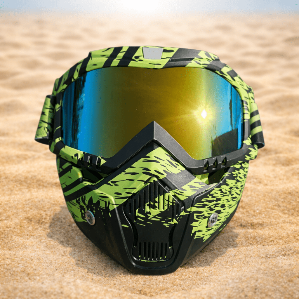 Neon Black Golden Goggle - maske med gyldne goggles i neon gul og sort, ideel til at skille sig ud.