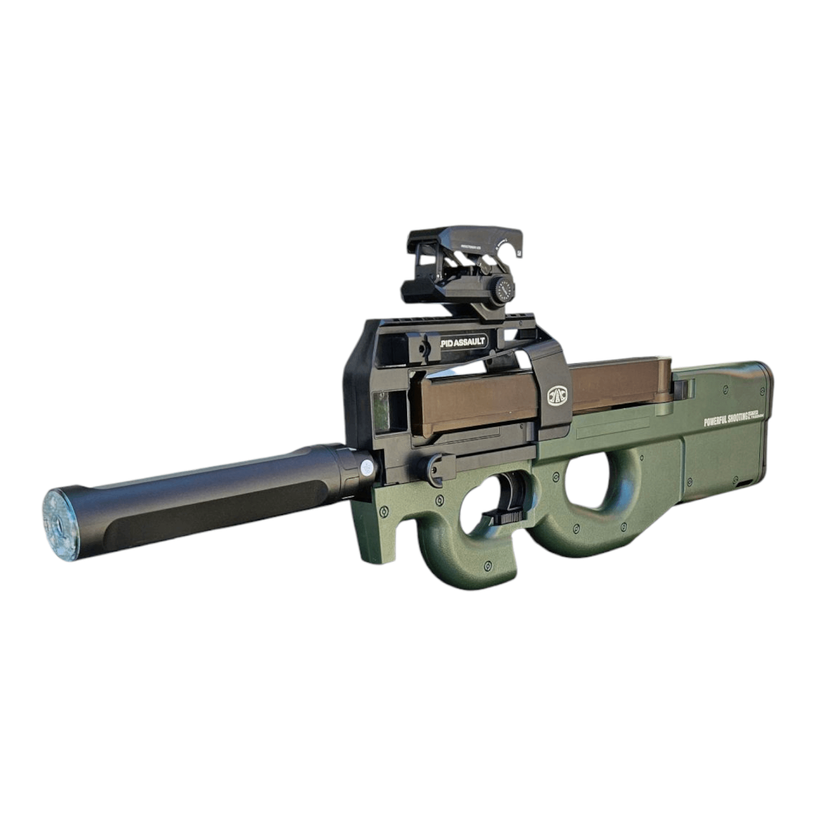 P90 Gel Blaster Green Gen3 TopModel with tactical sights and a fresh green design, ideal for innovative play.