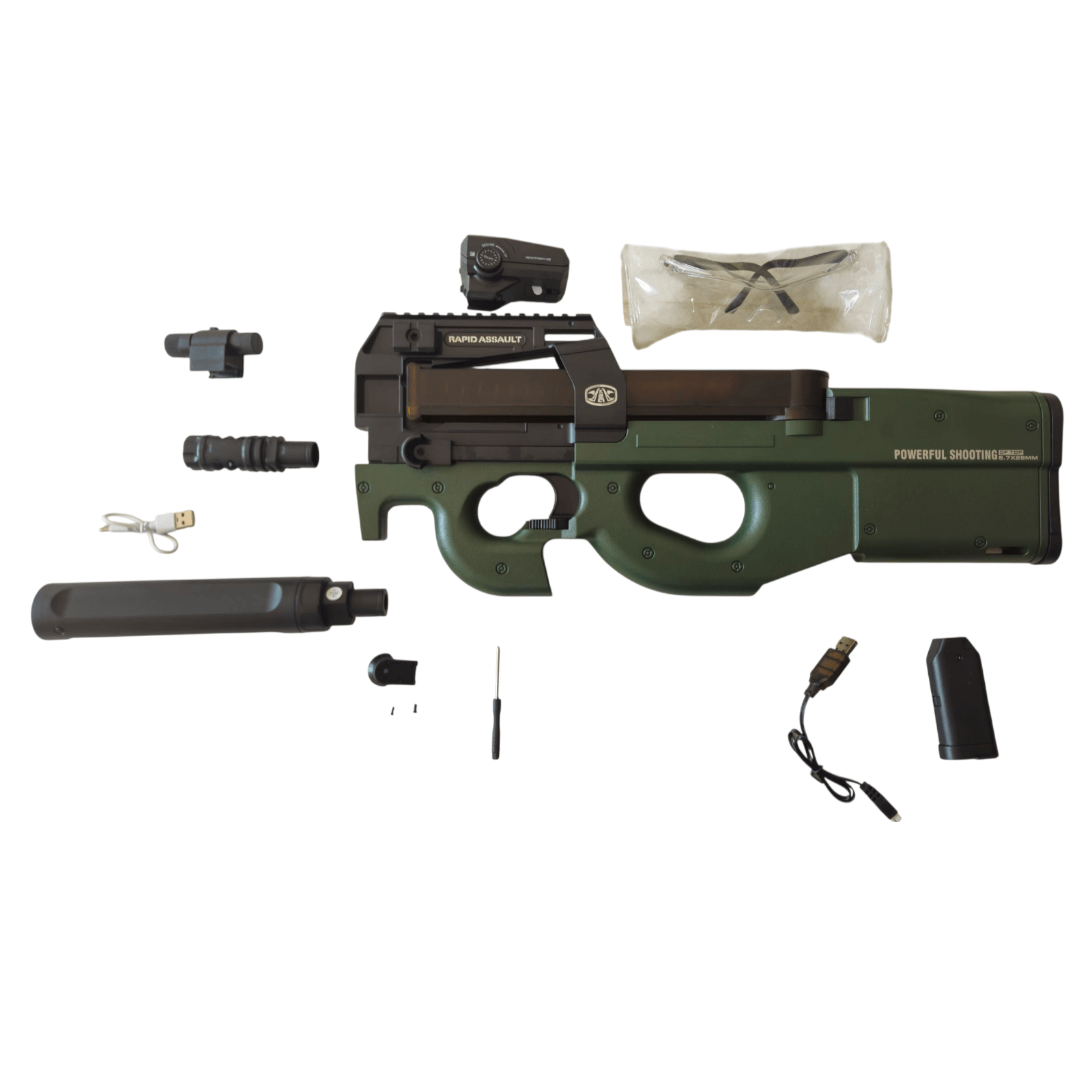 P90 Gel Blaster Green Gen3 TopModel with accessories laid out on a flat surface.