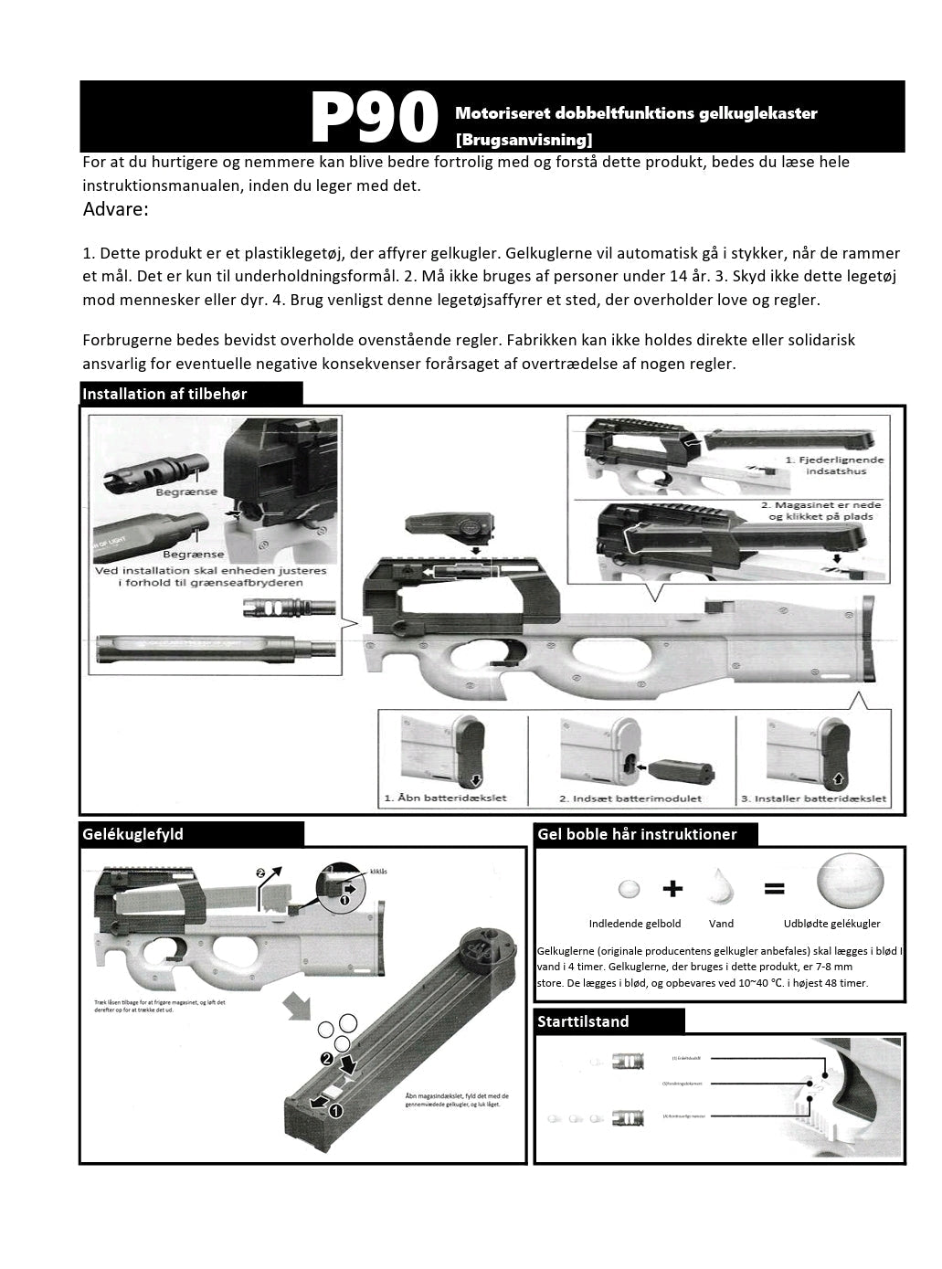 P90 Gel Blaster Green Gen3 topmodel brugervejledning med instruktioner og alle dele af gelblasteren. Billede af P90 Gel Blaster Green.