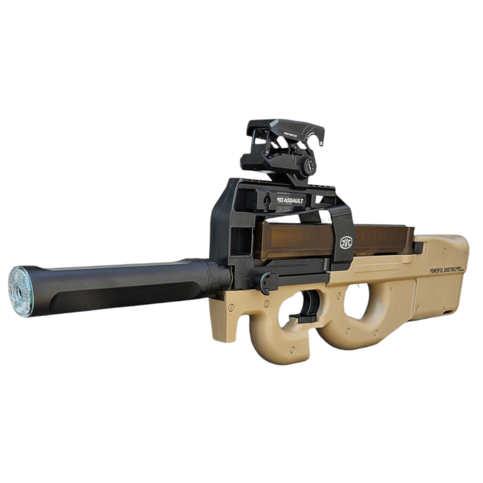 Side view of a modern tactical weapon with optical sight and flashlight attachment, showcasing its design and functionality.