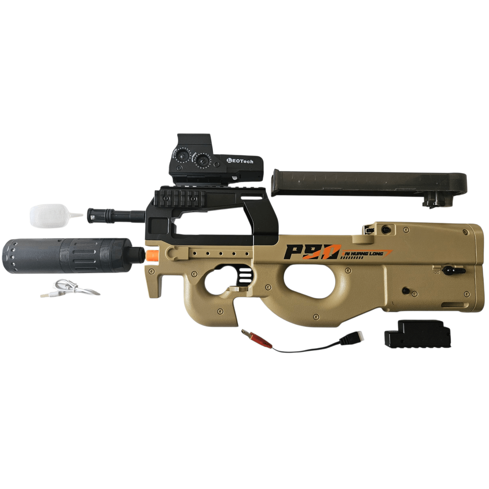 P90 Smoke Sand Tracer – Sand Finish, Tracer-Power airsoft blaster with accessories and scope.
