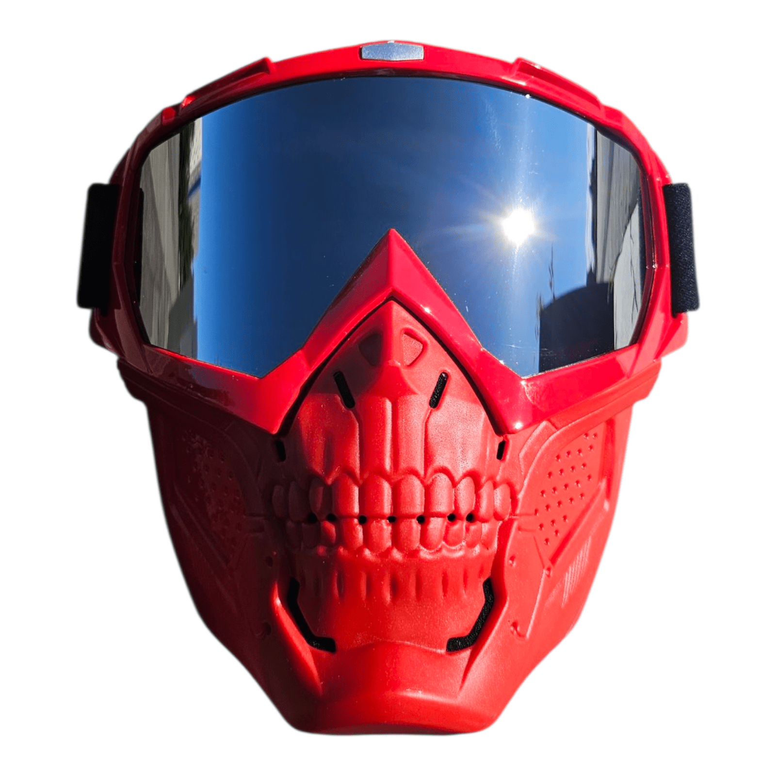 Red Skelet Silver Goggles - Rød Skelet Maske med dramatisk design og sølvfarvede goggles.