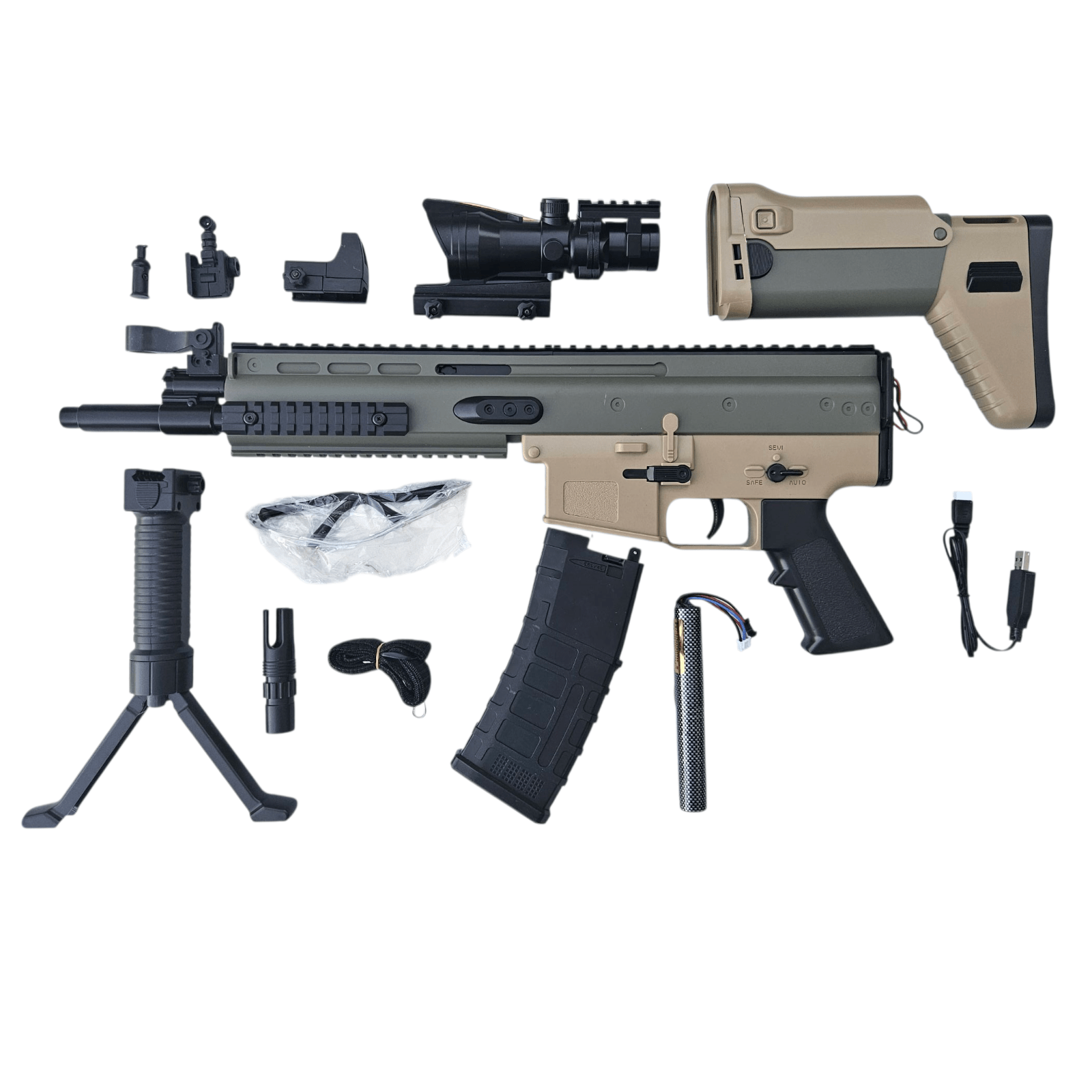 SCAR Model Gel Blaster Topmodel with accessories, including scope, bipod, and battery for performance and durability.