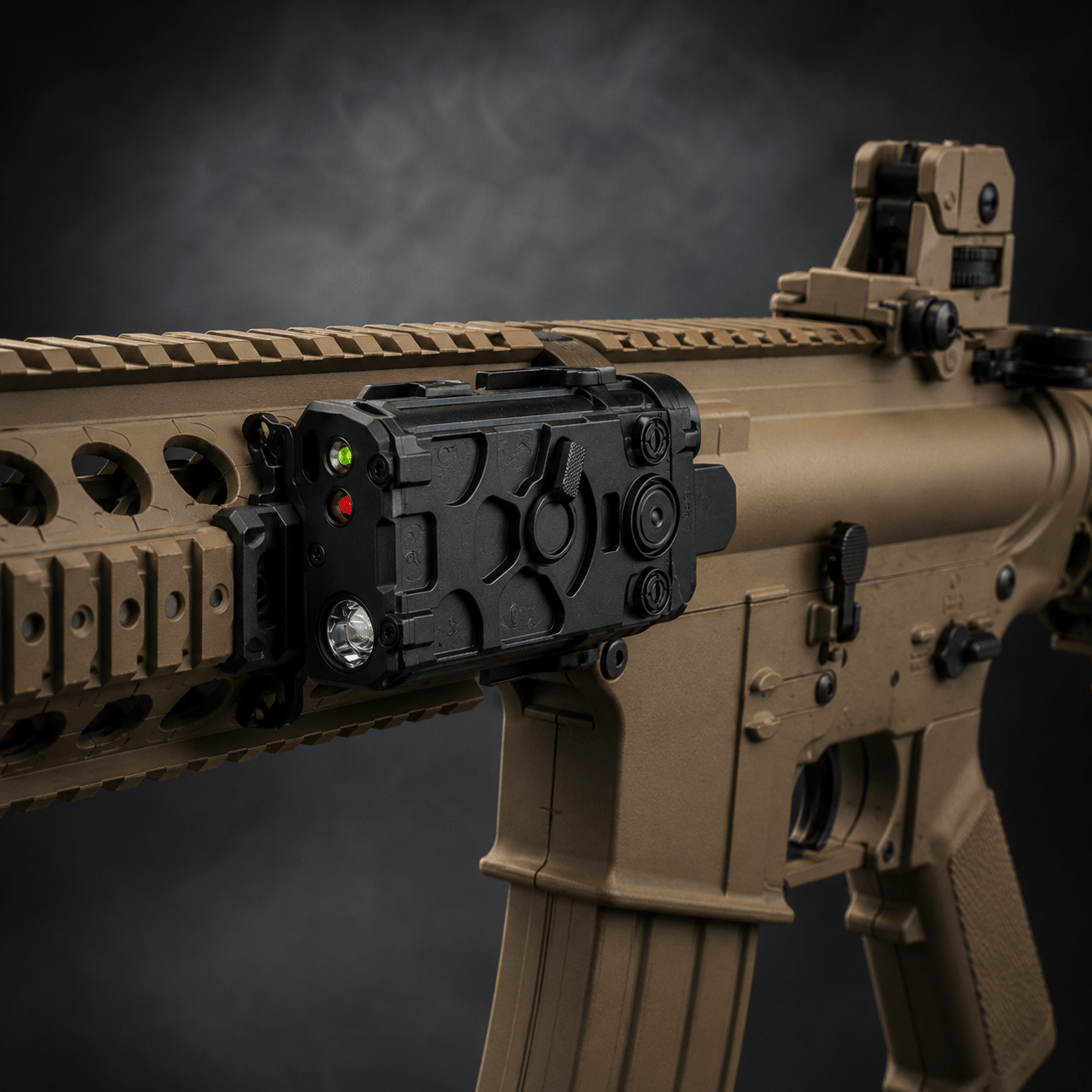 Taktisk LED Signalindikator USB-C på en sandfarvet gel blaster med grønt og rødt lys.