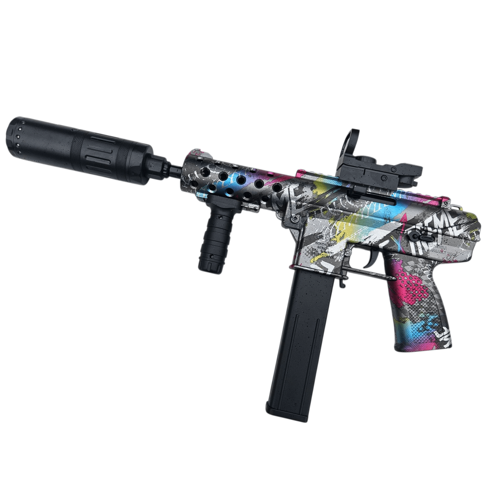 TEC-9 Model Graffiti Gel Blaster in vibrant colors with suppressor, perfect for fun outdoor battles.