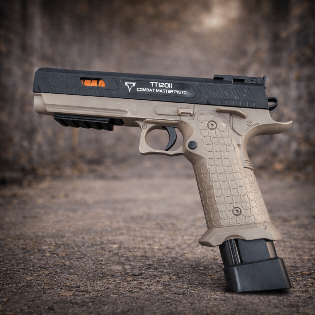 TTI 2011 Grey Black Gel Blaster set against a blurred background displaying its sleek design and performance features.