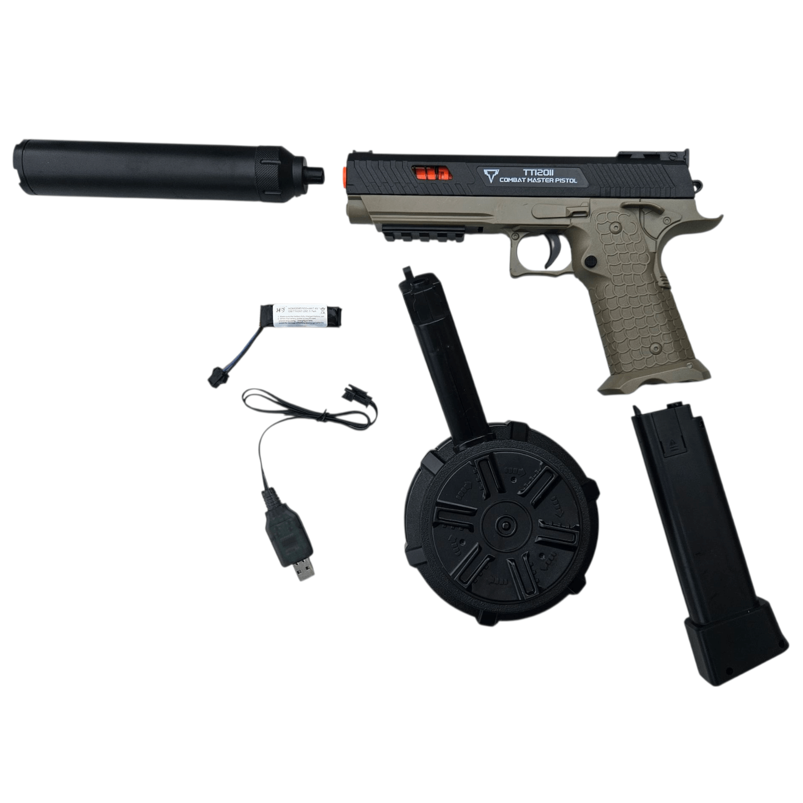 "TTI 2011 Gel Blaster i grå/sort med lyddæmper, magasin, batteri og USB-oplader."