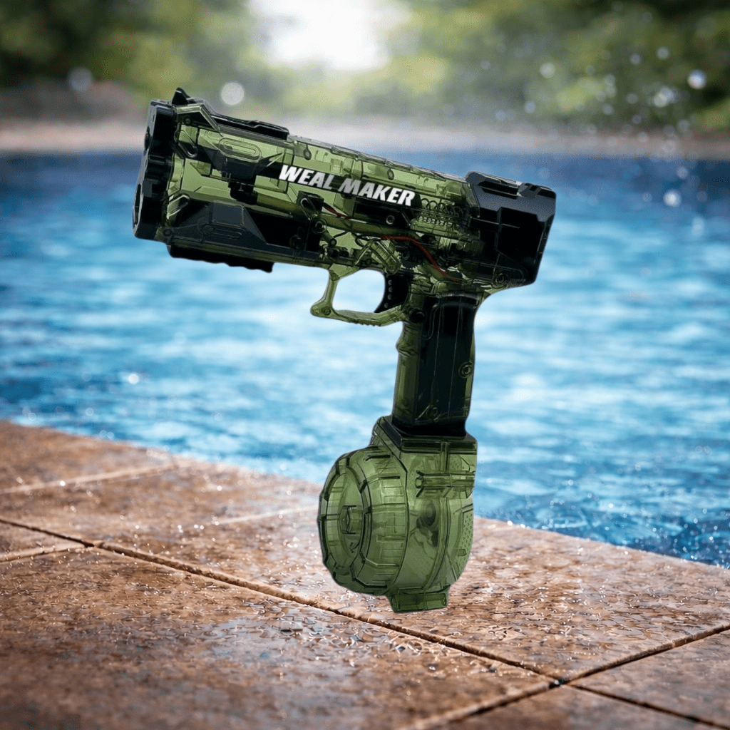 Weal Maker Green Elektronisk Power Vandpistol ved poolen, perfekt til sjove vandkampe og sommerleg.