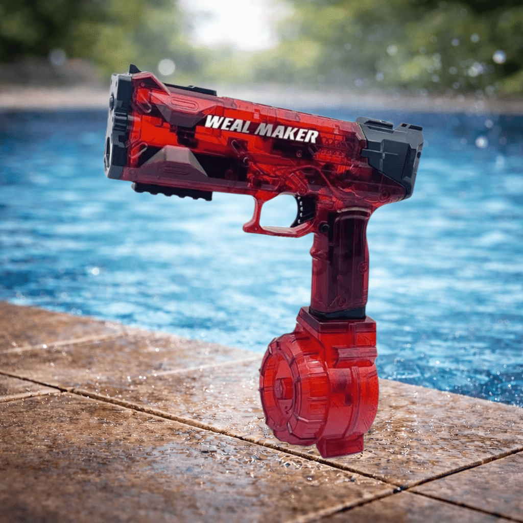Weal Maker Red Elektronisk Vandpistol ved poolen, klar til sommerens vandkampe.