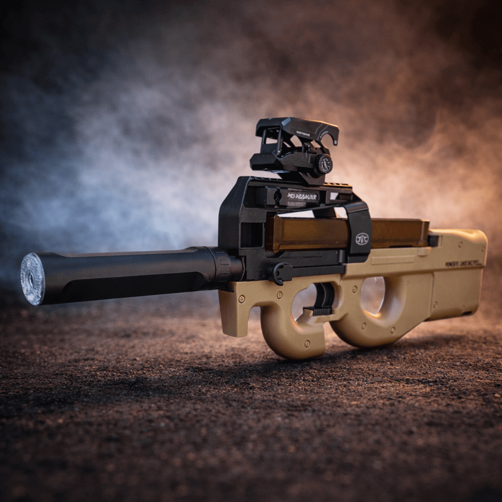 Gel Blaster Top og Pro Modeller - close-up of a gel blaster with tactical accessories and a light