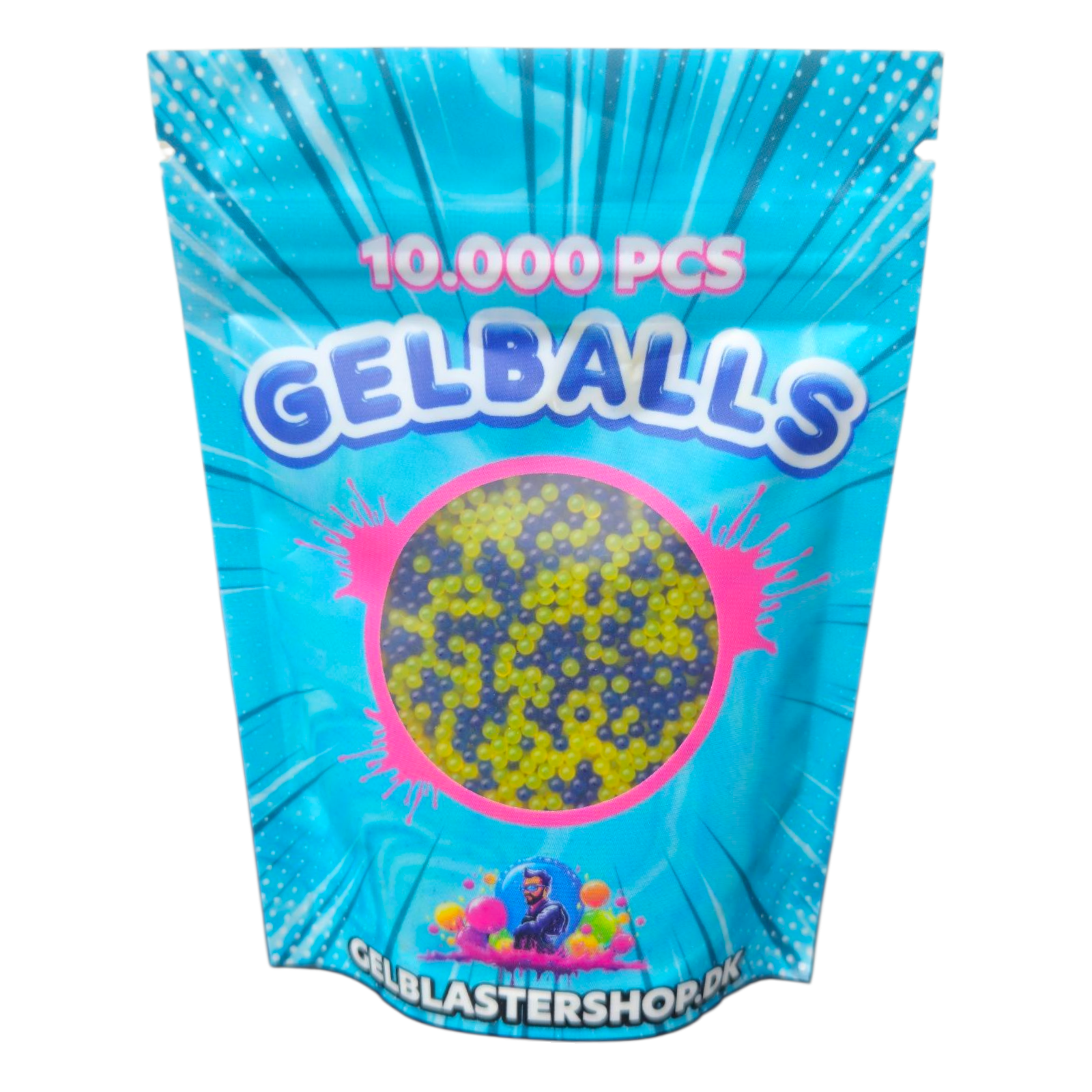 Pack of 10,000 gel balls in blue and yellow for gel blaster games