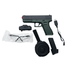 Gelblaster Glock 19 Gen5 Green toy gun kit with accessories, including magazine, light, and USB charger.