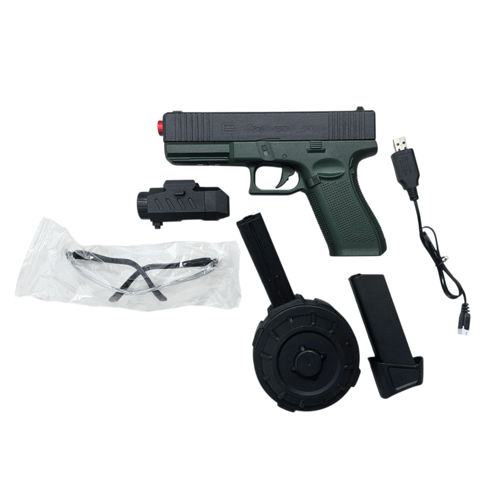 Gelblaster Glock 19 Gen5 Green toy gun kit with accessories, including magazine, light, and USB charger.