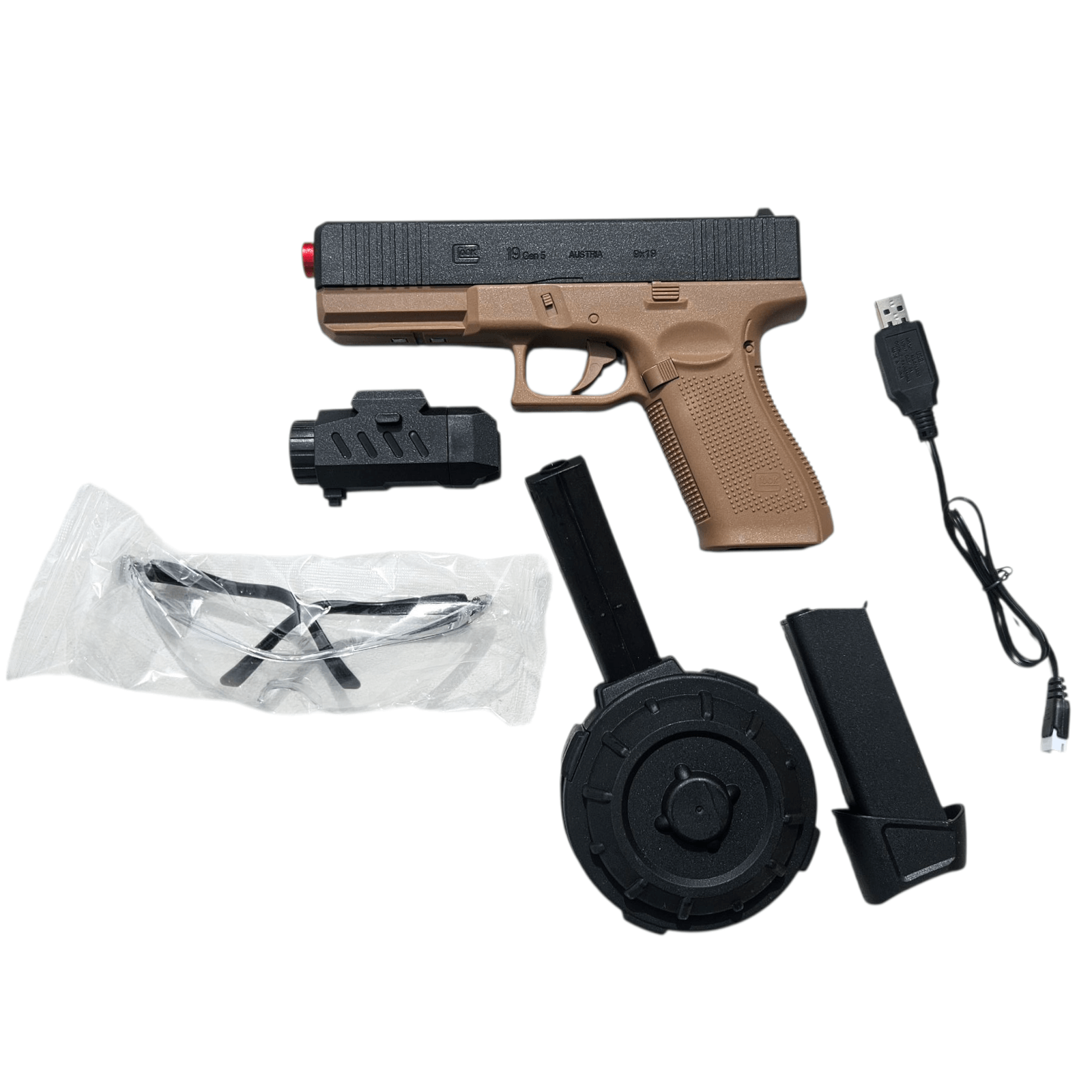 Gelblaster Glock 19 Gen5 Sand model with accessories including USB charger, extra magazine, and protective glasses.