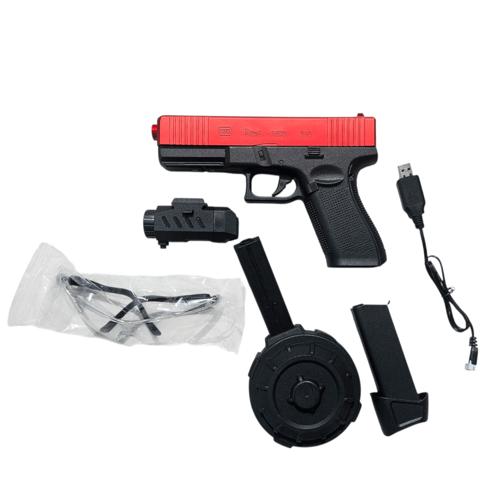 Gelblaster Glock 19 Gen5 Red gel shooter with accessories including a magazine, charger, and tactical flashlight.