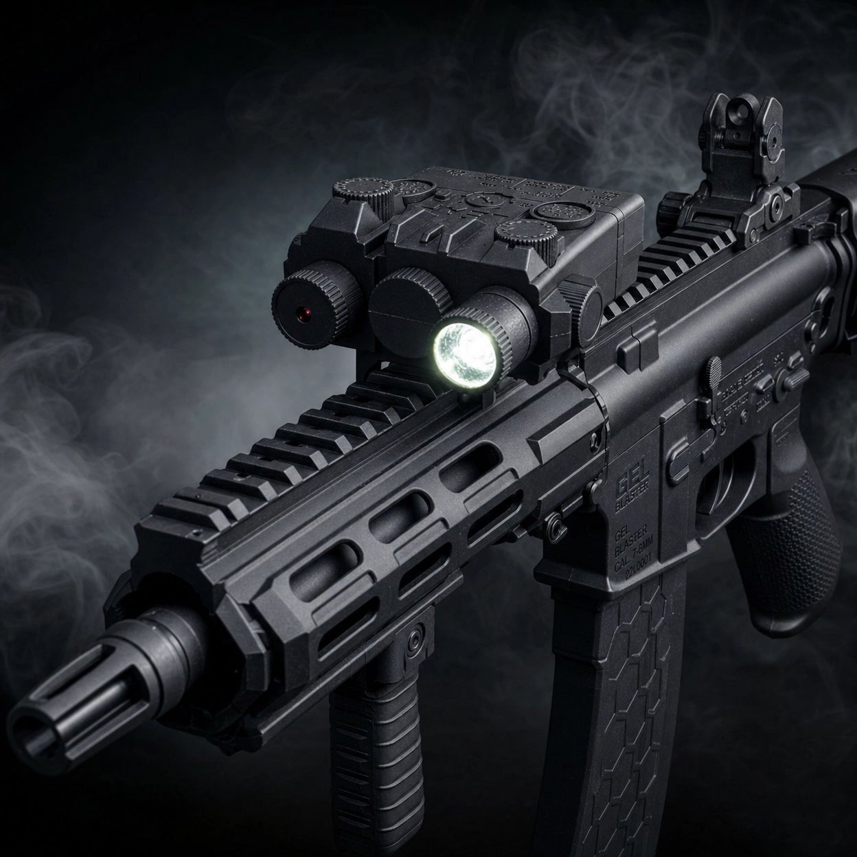 388 Black Beam Module Gel Blaster close-up with tactical accessories and light, designed for enhanced gameplay.