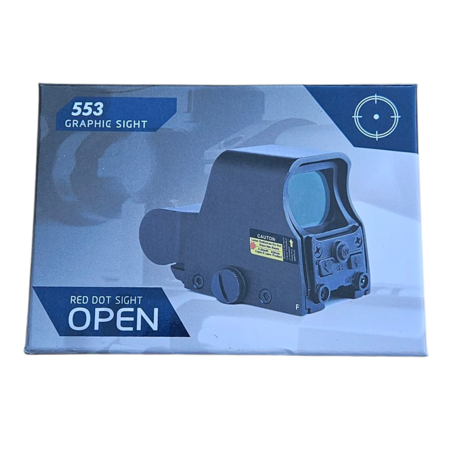 553 Graphic Sight red dot sight packaging with open display showing precision optics and durable design.