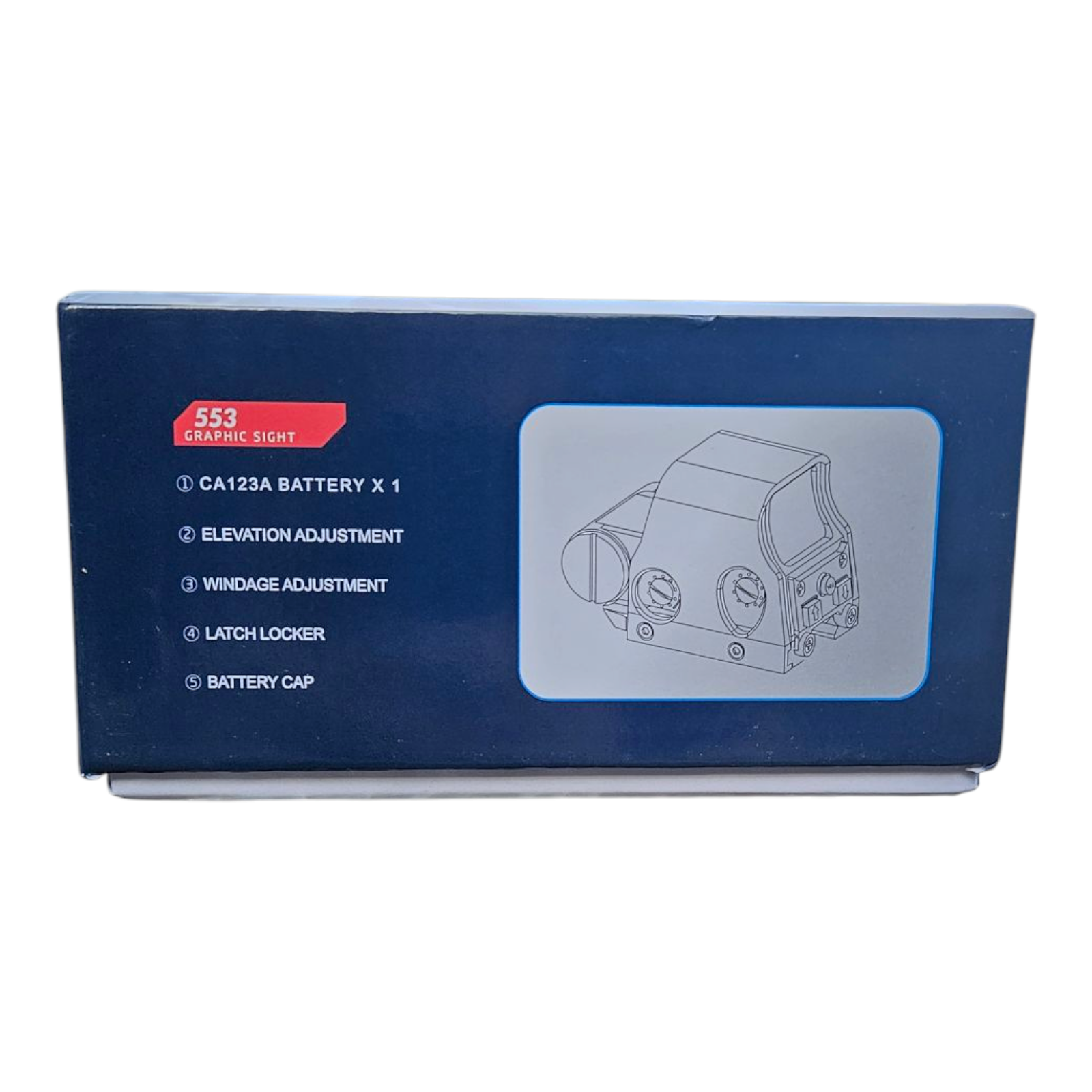 Back view of 553 Graphic Sight packaging showcasing features like battery, adjustments, and latch locker.