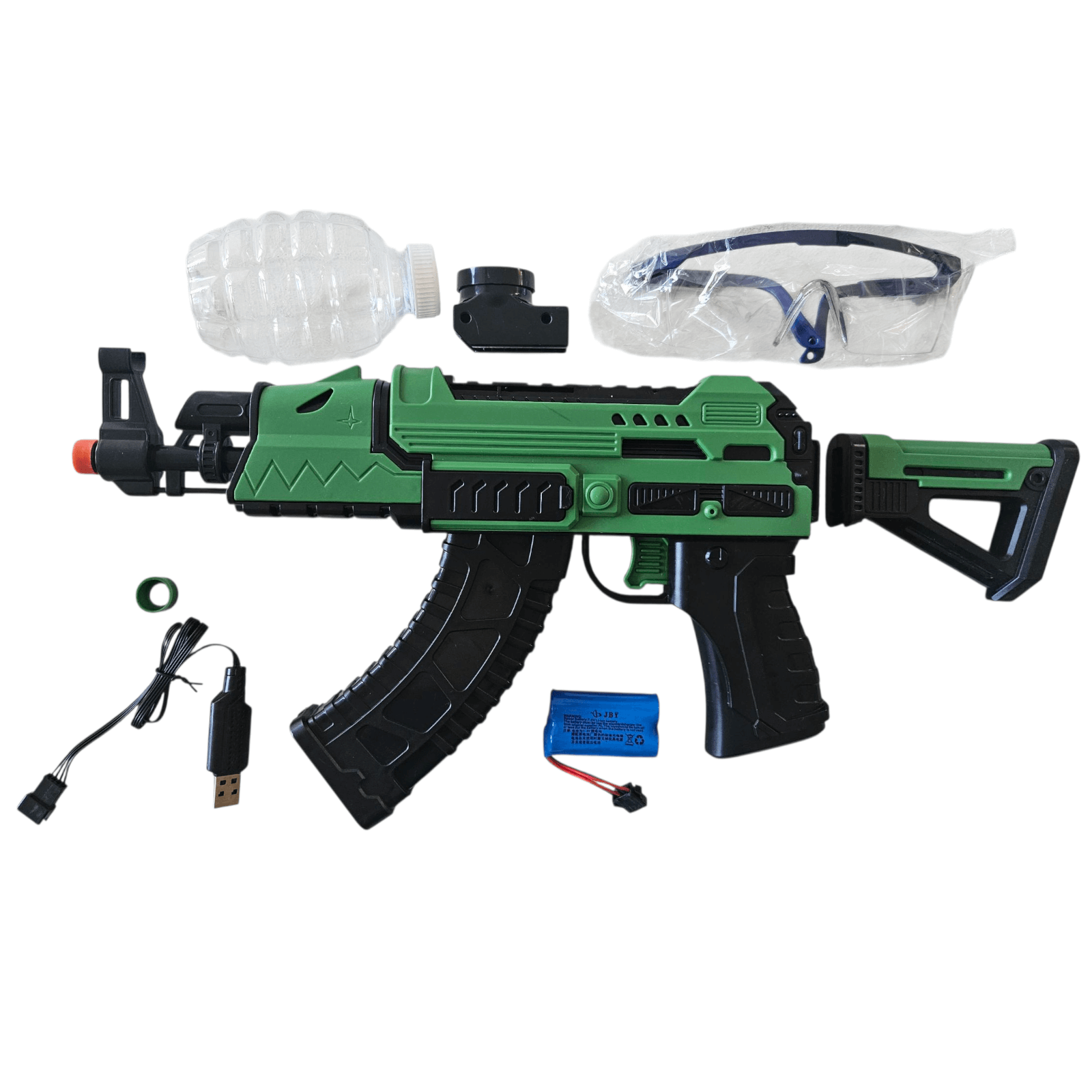 Green gel blaster featuring accessories including water bottle, goggles, battery, and charging cable.