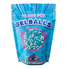 Cyan and white gel blaster balls package featuring 10,000 pcs for vibrant gameplay.