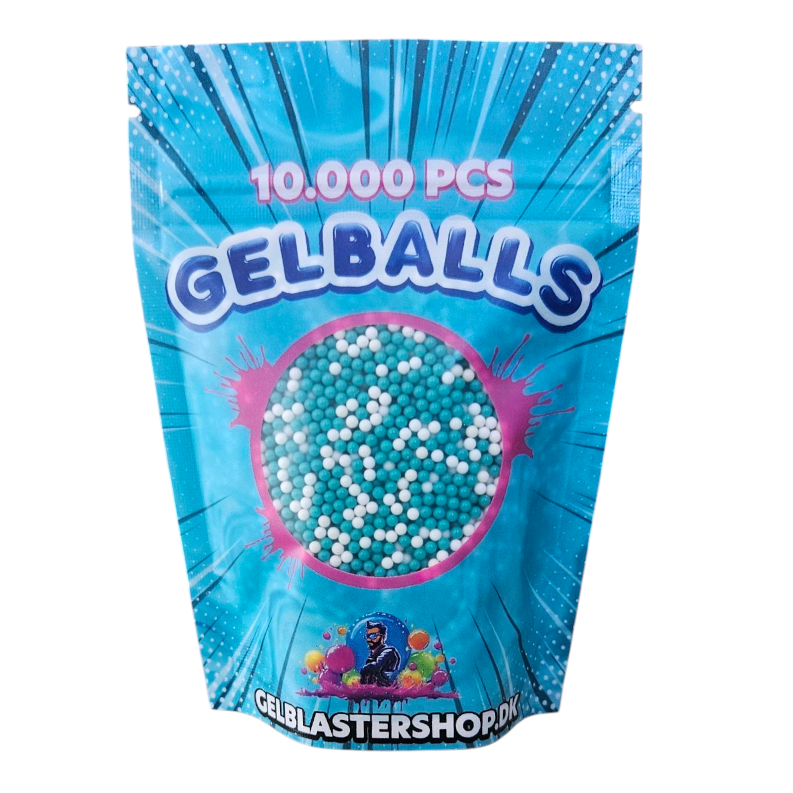 Cyan and white gel blaster balls package featuring 10,000 pcs for vibrant gameplay.