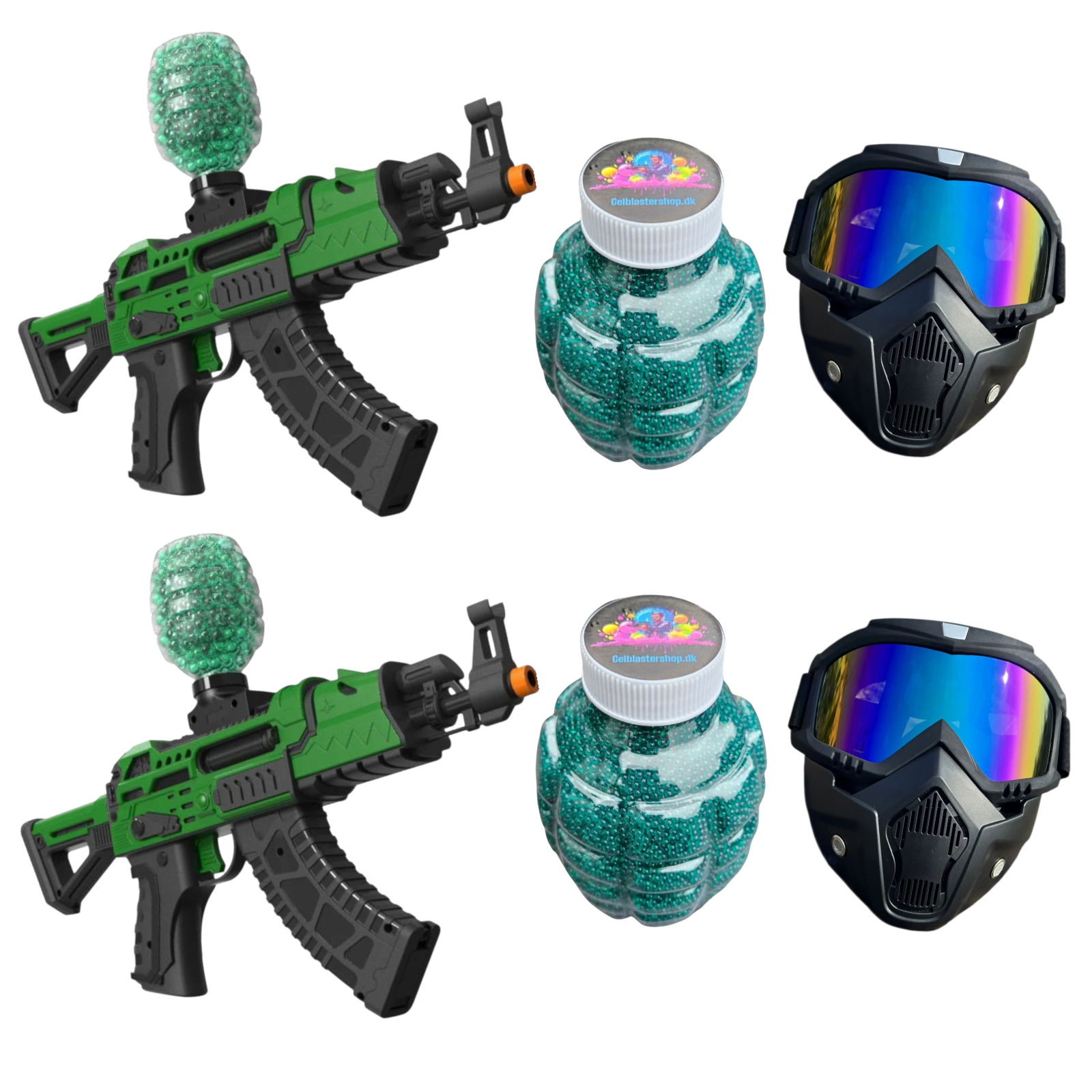 Dual Shark Attack Gel Blaster set featuring two green blasters, protective masks, and gel ammo container.
