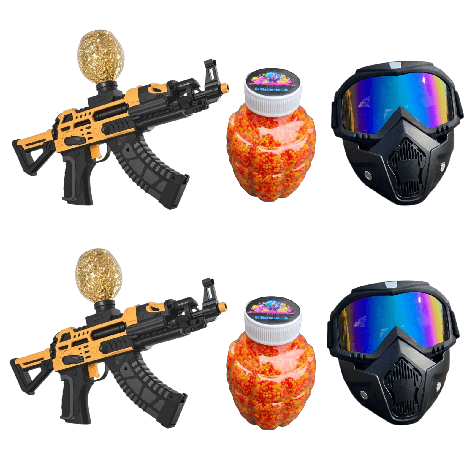 Dual Shark Attack Gel Blaster set featuring two blasters, shot gels, and protective masks for exciting gameplay.