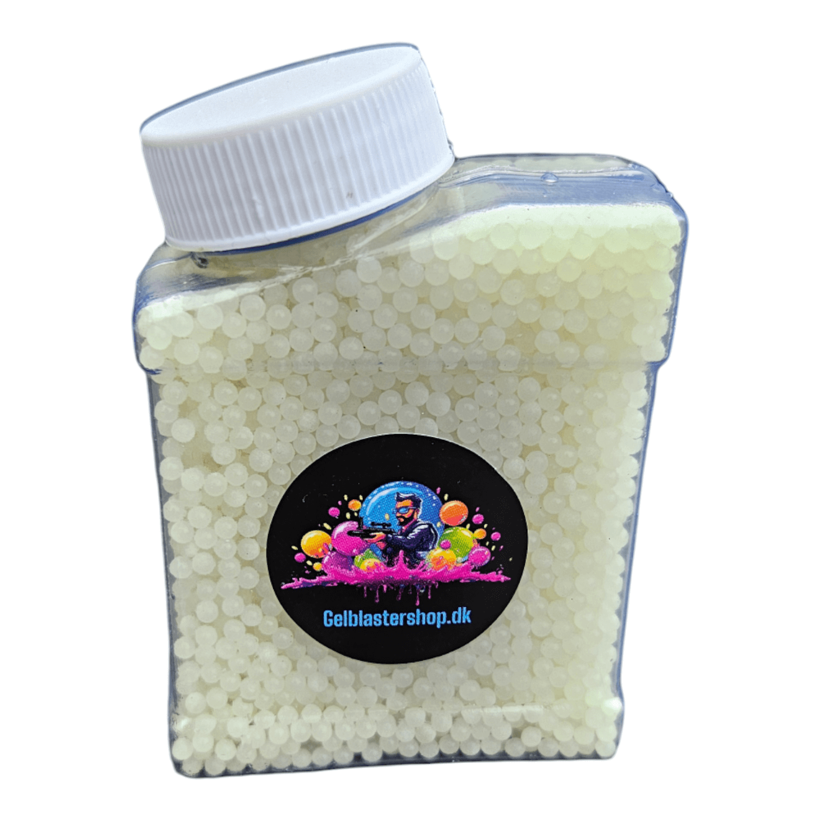 Pack of 8,000 glowing gel balls in a clear container, perfect for night gel blaster activities.