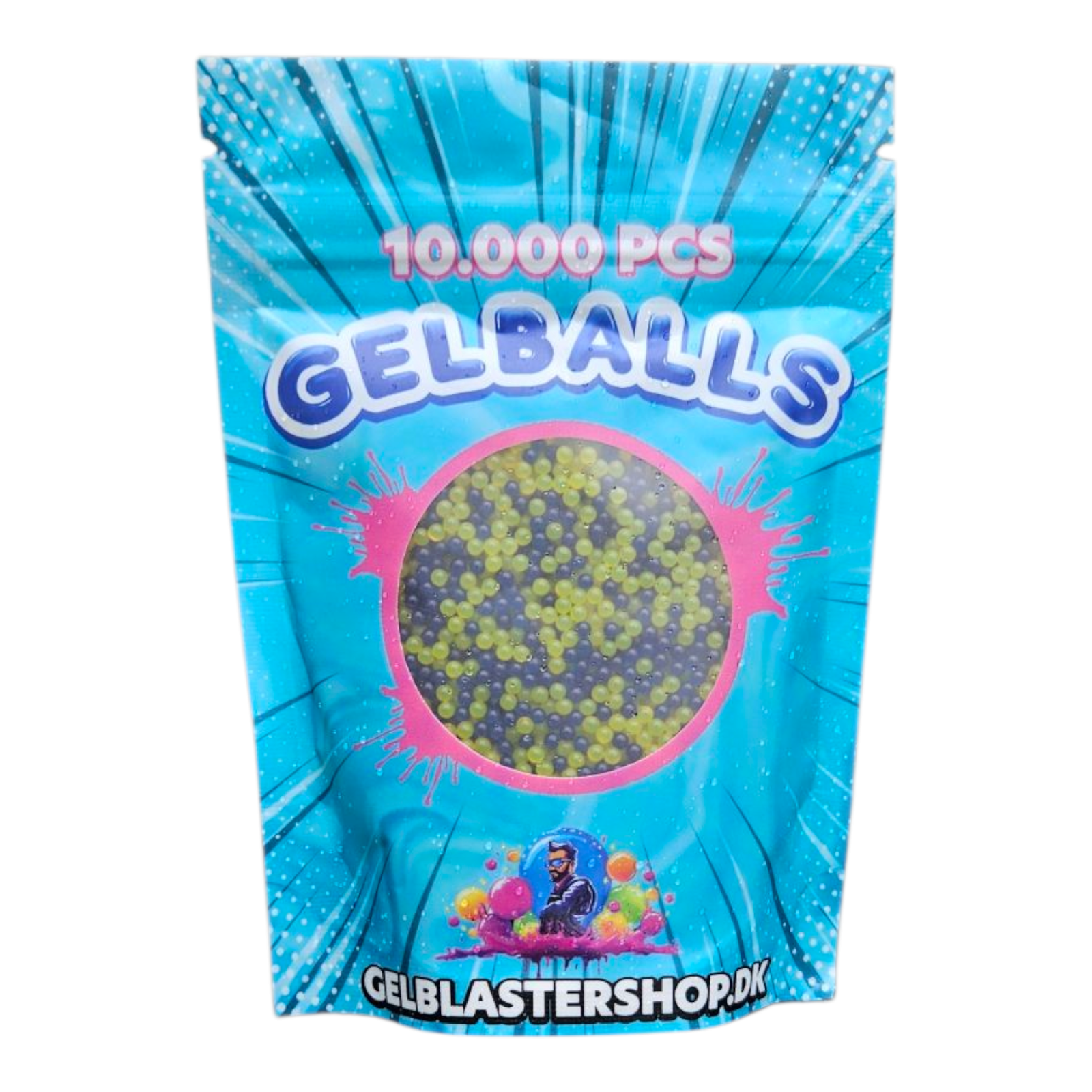 Pack of 10,000 gel balls in vibrant colors for gel blaster games, featuring a bright design.